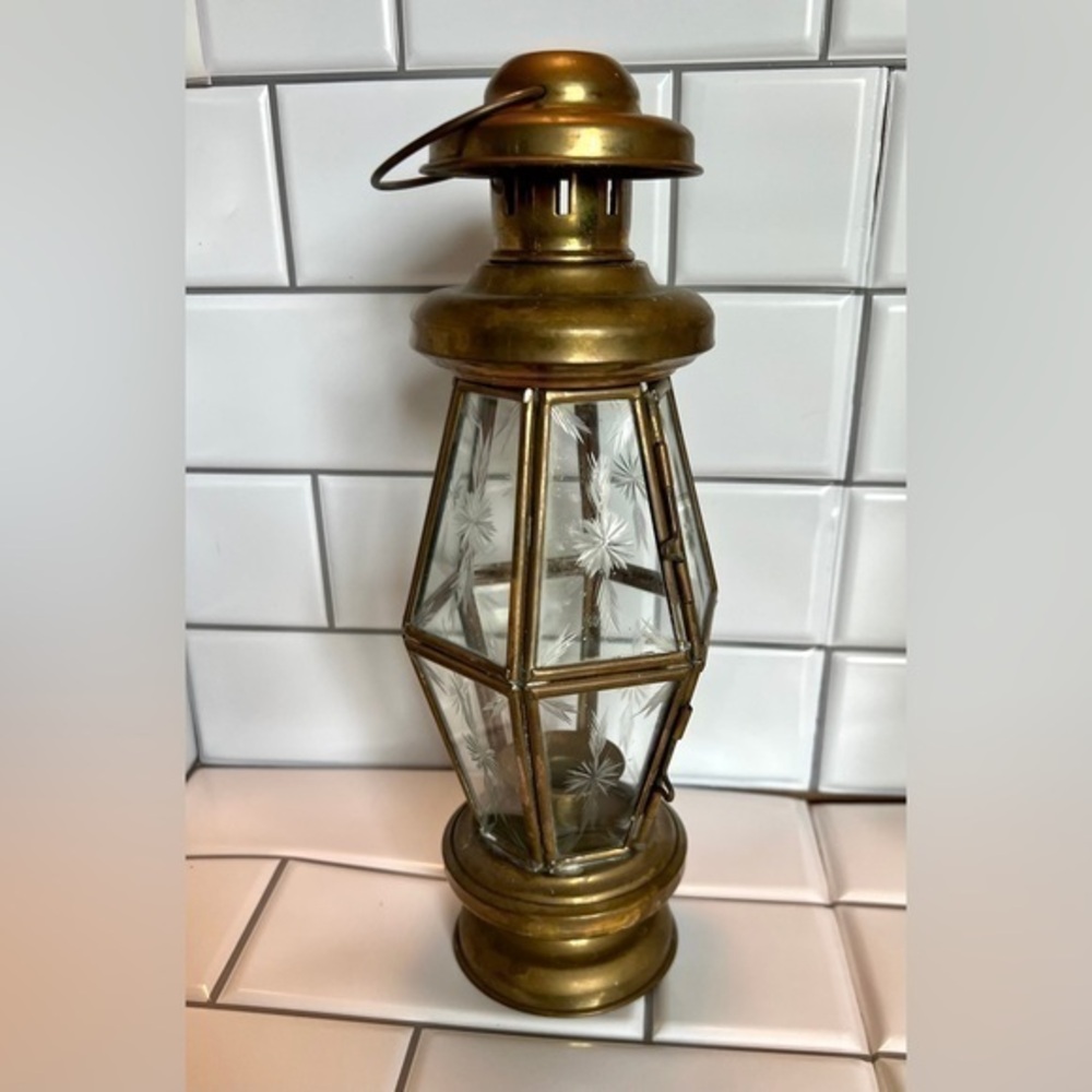 Vintage Large Solid Brass & Glass etched starry Lantern